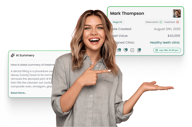 SmileOX in action - Woman presenting patient data and AI summary
